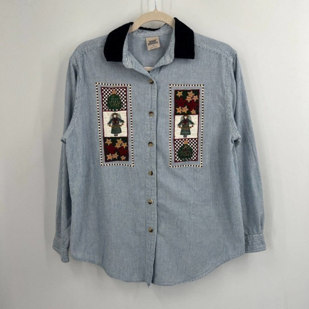 Vintage Christmas Shirt Womens Medium High Sierra Striped Button Up Patchwork